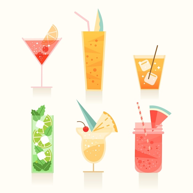 Platte ontwerpcollectie van verschillende cocktails