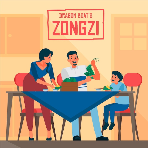 Platte ontwerpfamilie die zongzi eet