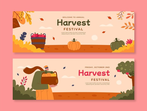 Platte oogstfeest viering horizontale banners set