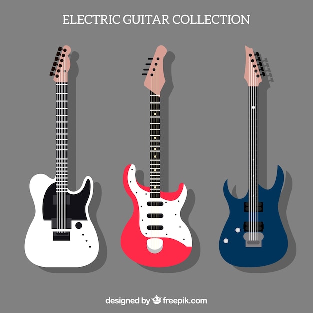 Gratis vector platte pak van drie decoratieve elektrische gitaren
