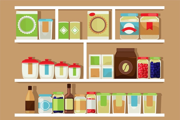 Platte pantry met verschillende soorten voedsel