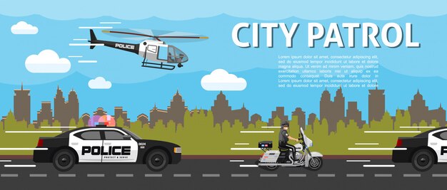 Platte politie stad patrouille sjabloon met helikopter auto's en politieagent rijden motorfiets op weg