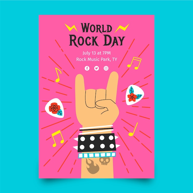 Platte postersjabloon voor wereldrotsdag met hand met rotsteken