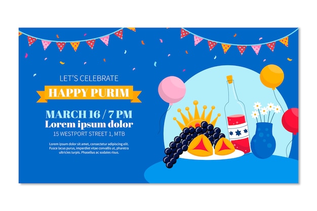 Gratis vector platte purim horizontale banner