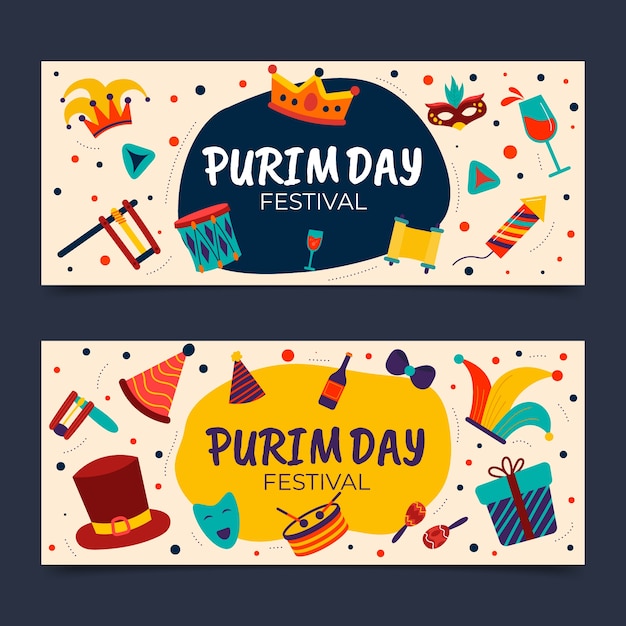 Gratis vector platte purim horizontale banners set