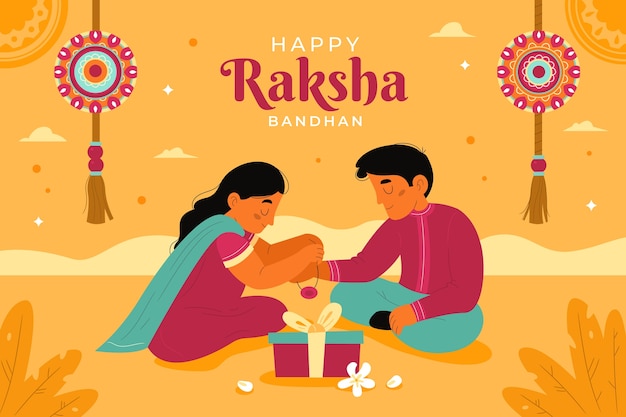 Gratis vector platte raksha bandhan achtergrond met paar en cadeautjes