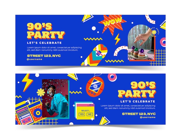 Gratis vector platte retro jaren 90 feest horizontale banners pack