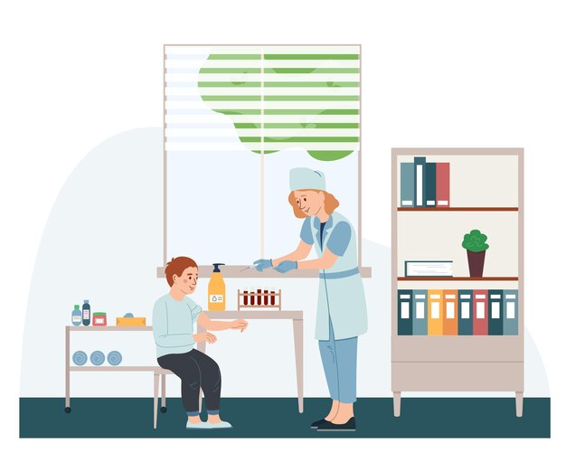 Platte samenstelling voor kinderdiensten met pediater die vectorillustratie voor vaccininjectie maakt