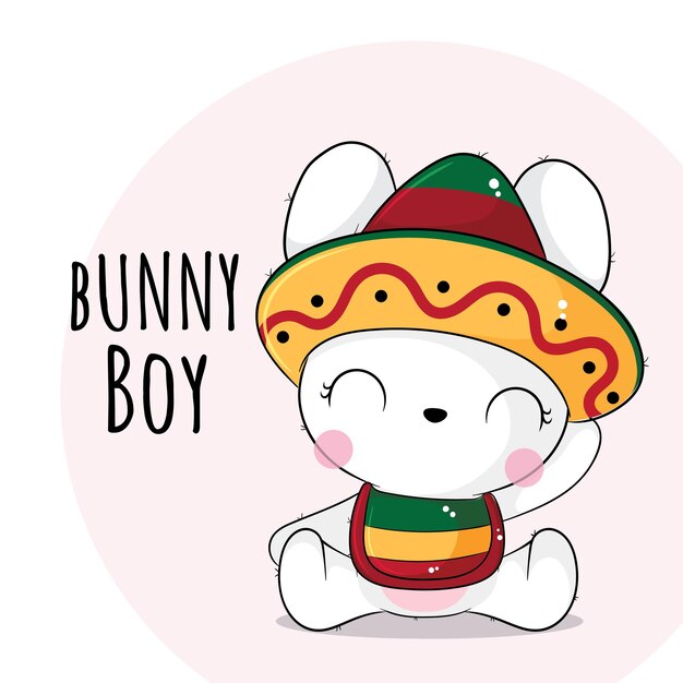 Platte schattige dieren konijntje met mexico hoed illustratie voor kinderen. Schattig konijntje karakter
