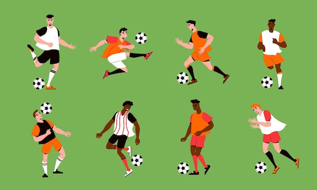 Gratis vector platte set met mannen die voetbal spelen geïsoleerd op een groene achtergrond afbeelding