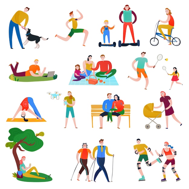 Gratis vector platte set van kleurrijke pictogrammen met mensen die rust hebben aan het sporten in het park geïsoleerd op witte illustratie