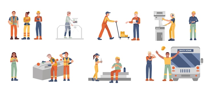 Gratis Vector platte set van mannelijke en vrouwelijke fabrieksarbeiders in uniform geïsoleerde vectorillustratie