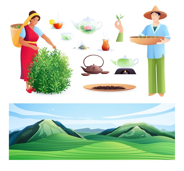 Gratis Vector platte set van natuurlijke theeproductie van indiase vrouw en chinese man bezig met het oogsten van vectorillustratie