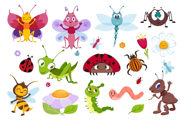 Gratis vector platte set van schattige insecten, grappige insecten en lachende kevers