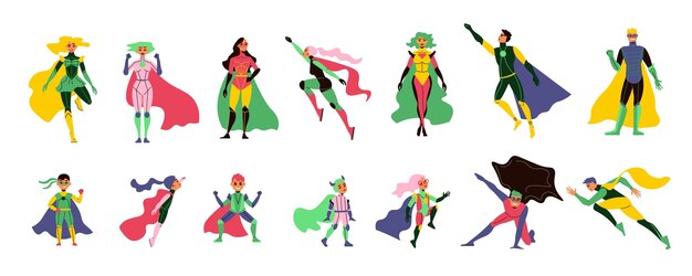 Platte set van superheld karakters in verschillende poses met gekleurde wuivende mantels op witte achtergrond geïsoleerde vectorillustratie