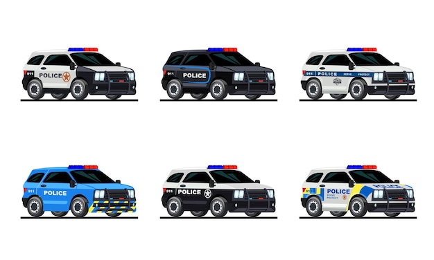 Gratis vector platte set van verschillende kleuren politieauto's geïsoleerd tegen witte achtergrond vector illustratie