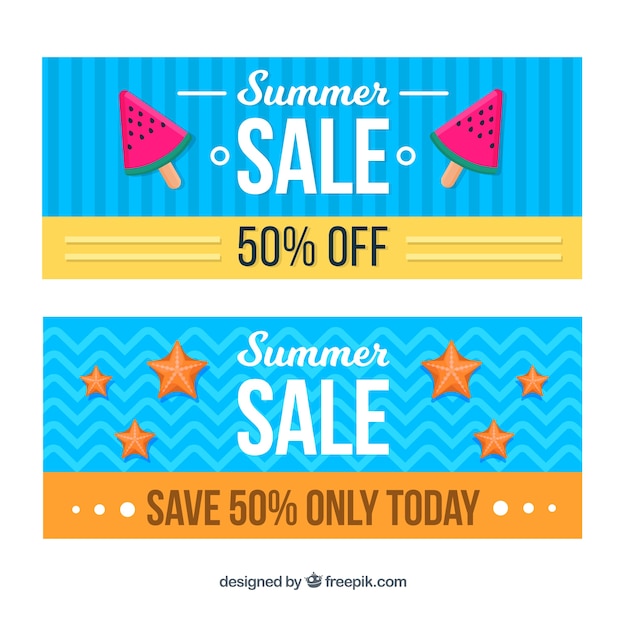 Gratis vector platte set van zomer verkoop banners