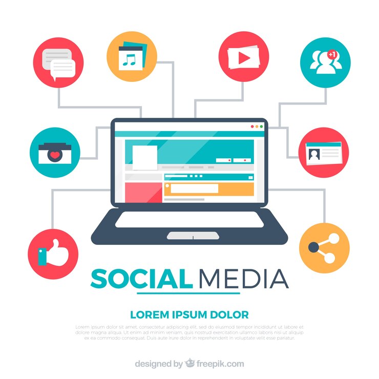 Gratis Vector platte sociale media achtergrond met computer