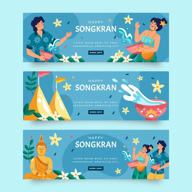 Gratis vector platte songkran horizontale banners set