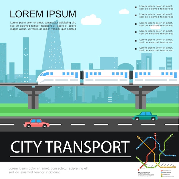 Gratis vector platte stadsvervoer kleurrijke sjabloon met trein verplaatsen op spoorweg op brug op stadsgezicht