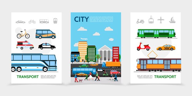 Platte stadsvervoer posters met fiets van ambulance politie auto bus tram scooter taxi mensen op straat stedelijke weg