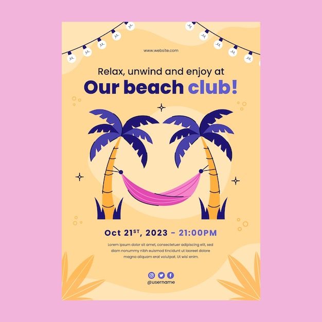 Gratis vector platte strandclub poster ontwerpsjabloon