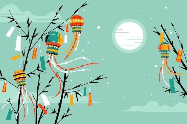 Gratis vector platte tanabata achtergrond met ornamenten