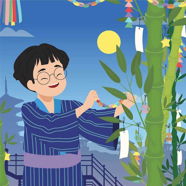 Gratis vector platte tanabata-illustratie met persoonshangende tags op bamboe