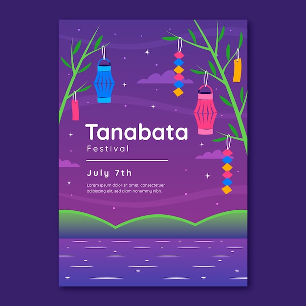 Gratis vector platte tanabata postersjabloon met meer en lantaarns