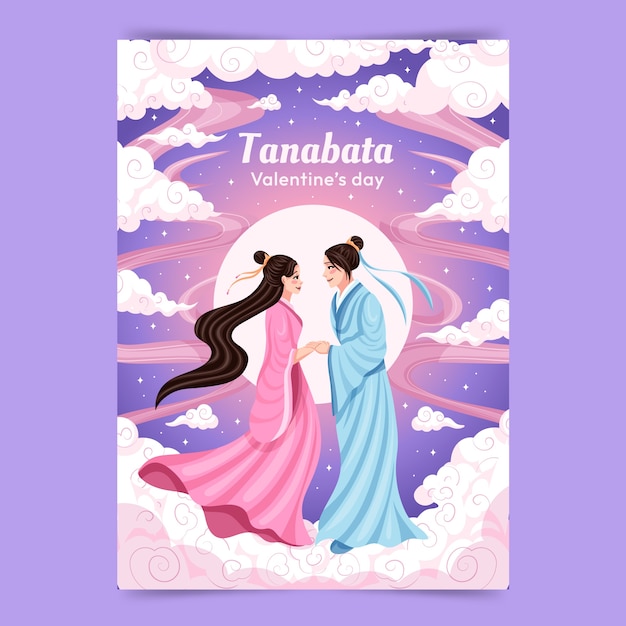 Gratis vector platte tanabata postersjabloon met paar