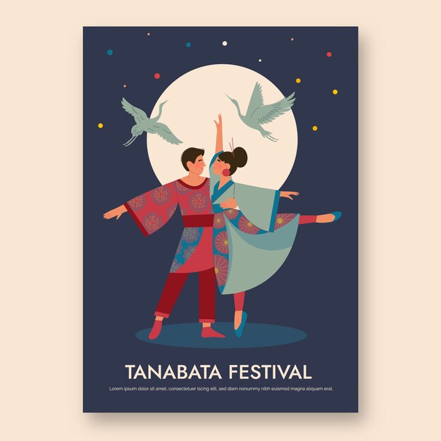 Platte tanabata verticale postersjabloon met dansend koppel en vogels