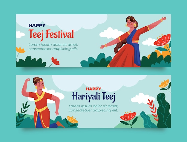 Gratis vector platte teej horizontale banners met dansende vrouwen