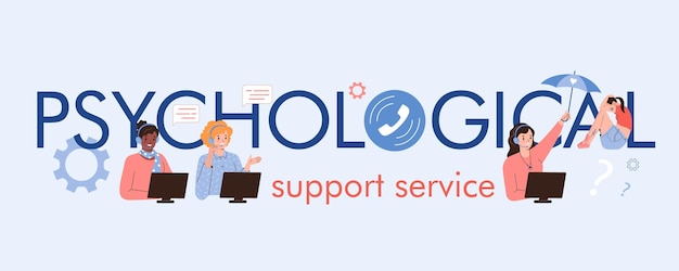 Gratis vector platte tekstbanner voor psychologische ondersteuningsdienst met lachende hotline-operators die mensen vectorillustratie helpen