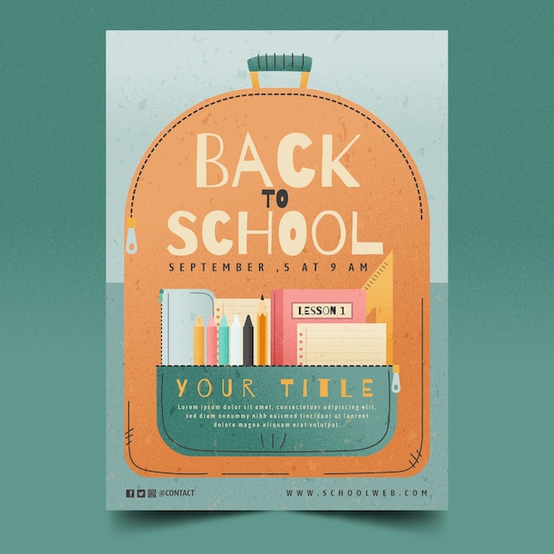 Gratis vector platte terug naar school feestpostersjabloon met boekentas