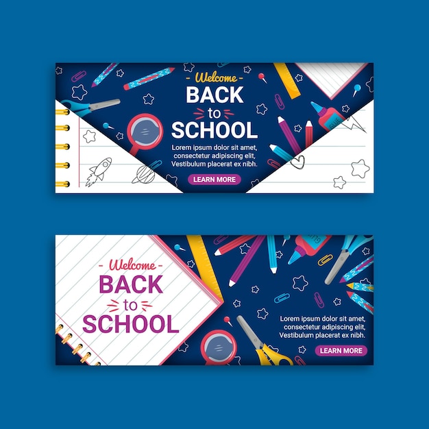 Gratis vector platte terug naar school horizontale banners set