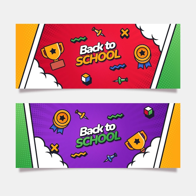 Gratis vector platte terug naar school horizontale banners set