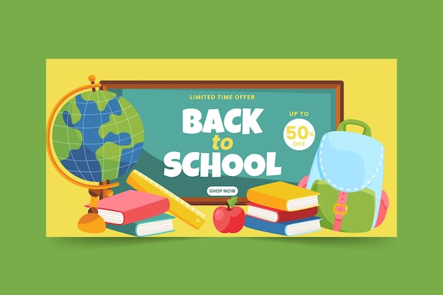 Gratis vector platte terug naar school horizontale bannersjabloon