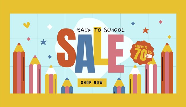 Gratis vector platte terug naar school verkoop horizontale banner sjabloon met potloden