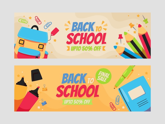 Gratis vector platte terug naar school verkoop horizontale banners set met boekentas en potloden
