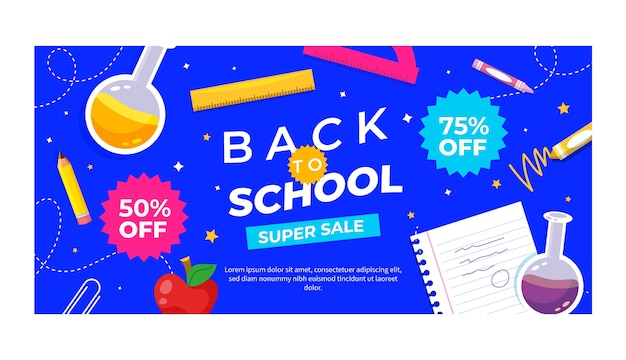 Gratis vector platte terug naar school verkoop horizontale bannersjabloon met benodigdheden