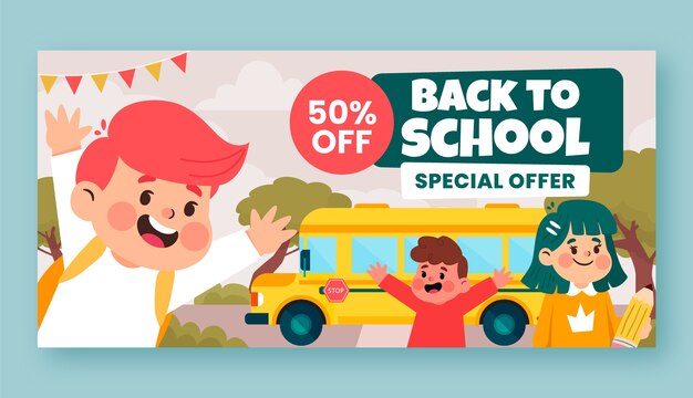 Platte terug naar school verkoop horizontale bannersjabloon met studenten en bus