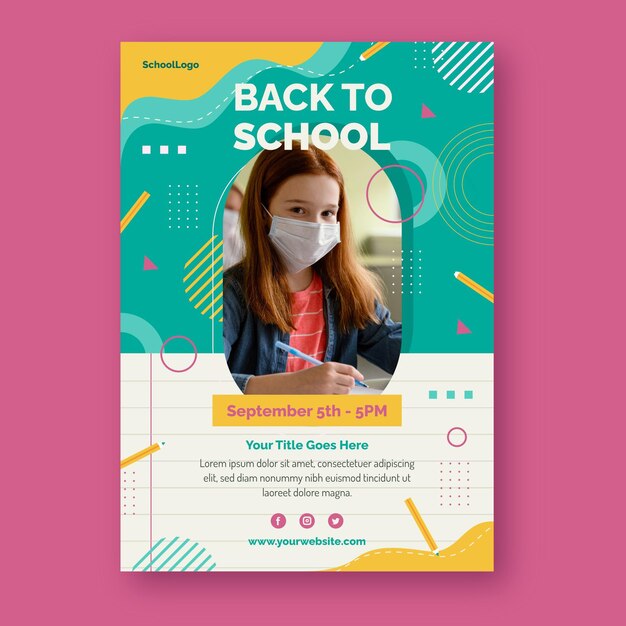 Platte terug naar school verticale postersjabloon met foto