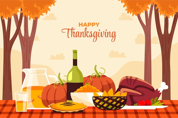 Platte Thanksgiving achtergrond met eten op tafel