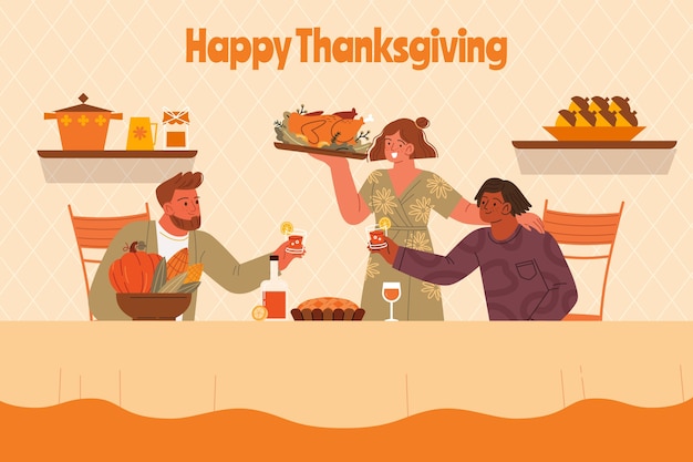 Gratis vector platte thanksgiving achtergrond met mensen en eten aan tafel