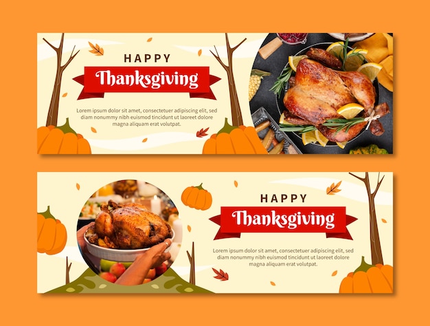 Gratis vector platte thanksgiving horizontale banner sjabloon met gekookte kalkoen