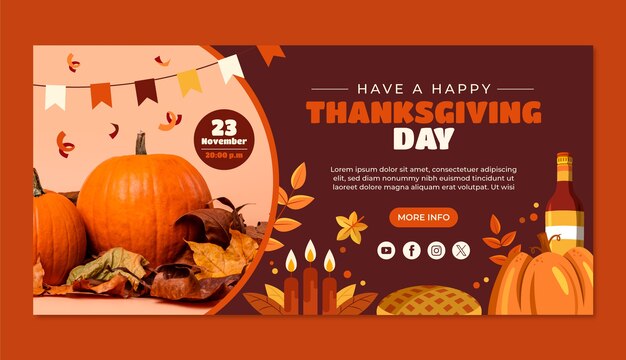 Platte Thanksgiving horizontale banner sjabloon met pompoen en taart