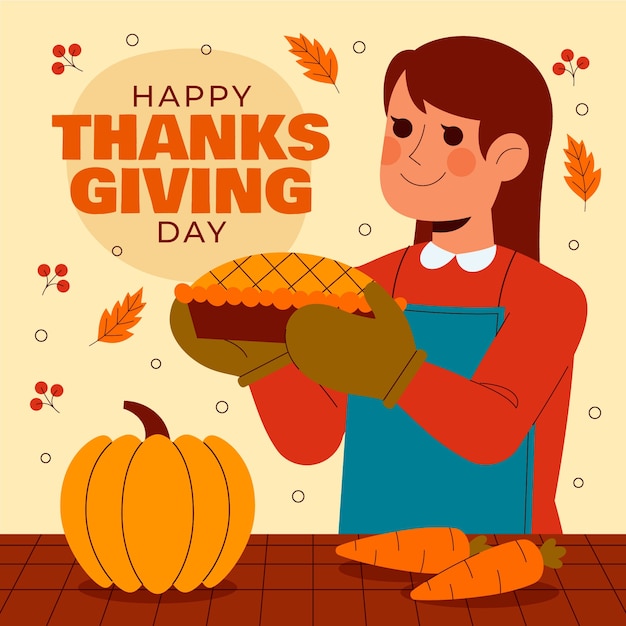 Platte thanksgiving illustratie met vrouw met taart