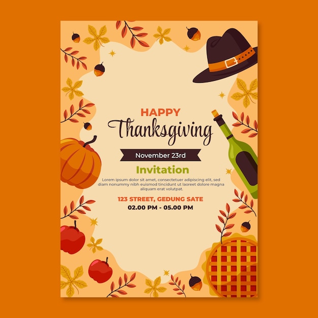 Gratis vector platte thanksgiving uitnodigingssjabloon met pompoen en wafel