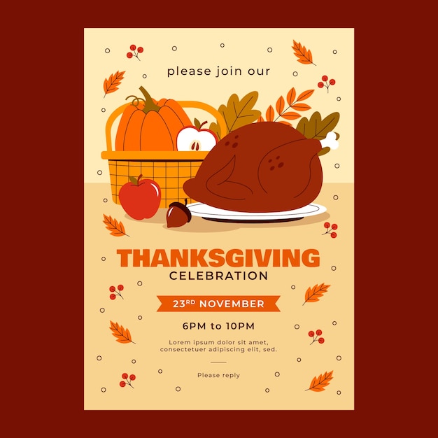 Platte thanksgiving uitnodigingssjabloon met pompoen in mand en turkije