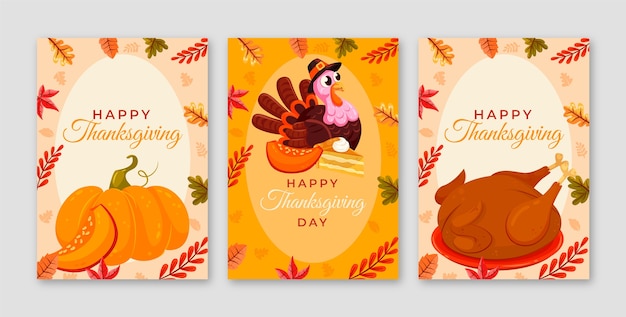 Gratis vector platte thanksgiving wenskaarten set